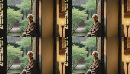 老人坐于中式建筑窗边高清在线视频素材下载