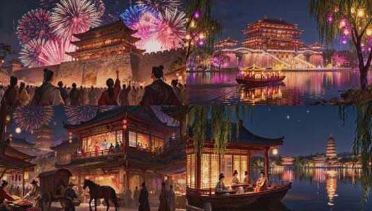 古装女子夜游船中演奏高清在线视频素材下载