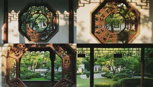 园林中式八角窗景观高清在线视频素材下载