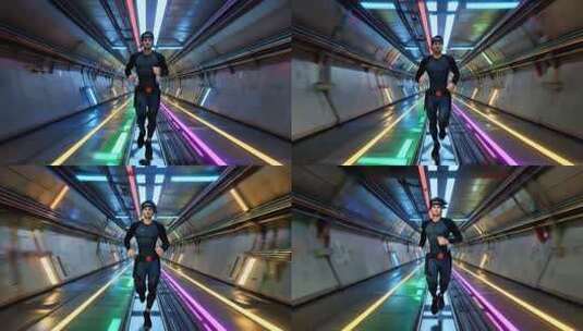 男子在科技感隧道中跑步高清在线视频素材下载