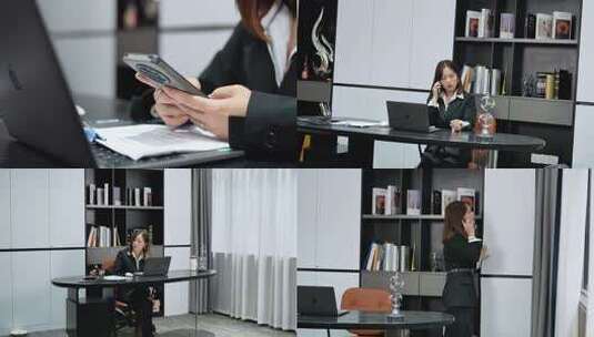 女白领办公室用手机发微信打电话高清在线视频素材下载
