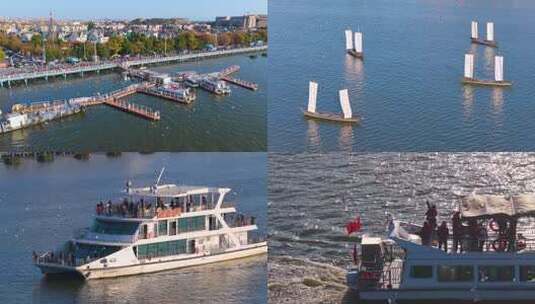 航拍滇池游船与海鸥高清在线视频素材下载