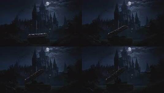 夜晚城堡前的神秘棺材场景高清在线视频素材下载