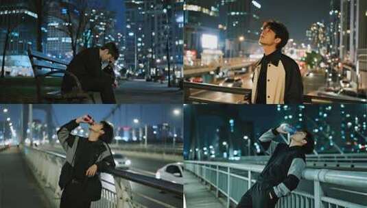 孤独伤感情绪夜晚独自一人天桥喝酒ai素材高清在线视频素材下载