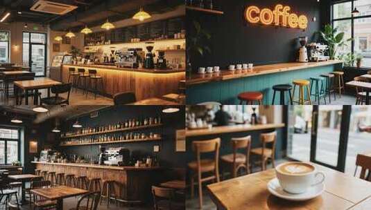 咖啡馆环境与拉花特写组合高清在线视频素材下载