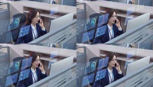 美女经理业务员或客服打电话的科技画面高清AE视频素材下载