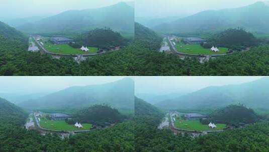 山谷间的帐篷营地大草坪高清在线视频素材下载