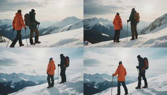 两人雪山徒步眺望远方高清在线视频素材下载