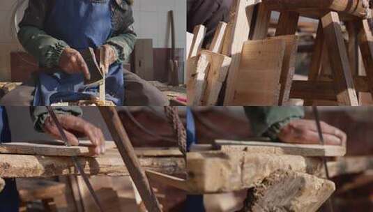 工匠手工锯切木材高清在线视频素材下载