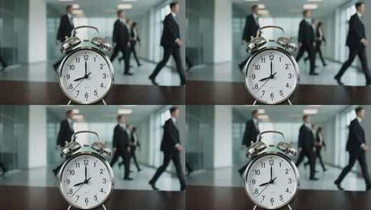 办公室内闹钟前走过的商务人士高清在线视频素材下载