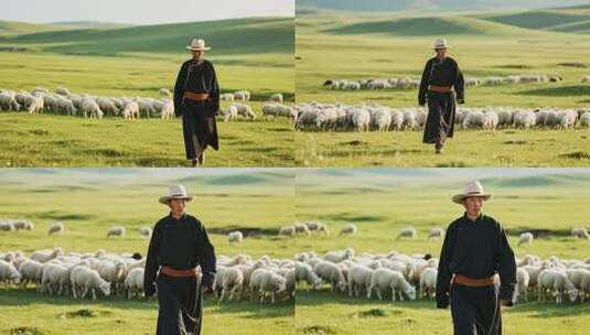 草原牧羊人放牧场景高清在线视频素材下载