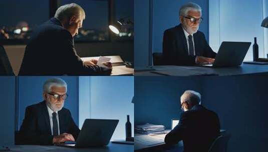 老年CEO加班工作场景高清在线视频素材下载