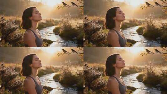 女子在溪边享受阳光深呼吸高清在线视频素材下载