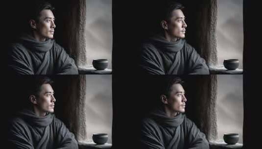 唐朝男子窗边沉思眺望远方高清在线视频素材下载