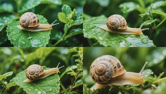 雨后蜗牛爬叶细节慢镜头高清在线视频素材下载
