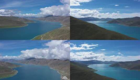 航拍西藏羊湖美景大山河蓝色的河水羊卓雍措高清在线视频素材下载