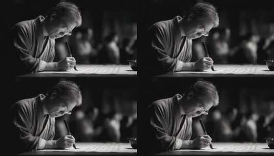 书法家专注创作水墨书法作品高清在线视频素材下载