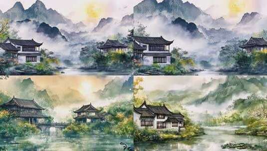 水墨丹青山水画卷宁静致远古典园林山峦起伏高清在线视频素材下载