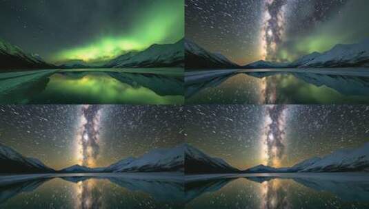 夜晚雪山极光湖面景象高清在线视频素材下载