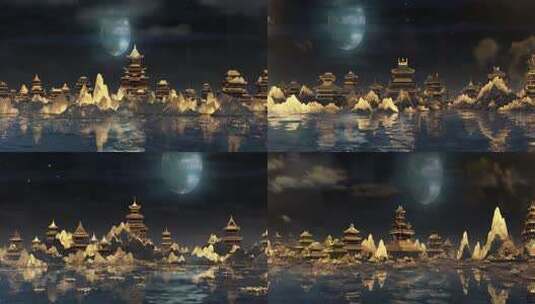 古风夜景楼阁湖面素材高清在线视频素材下载