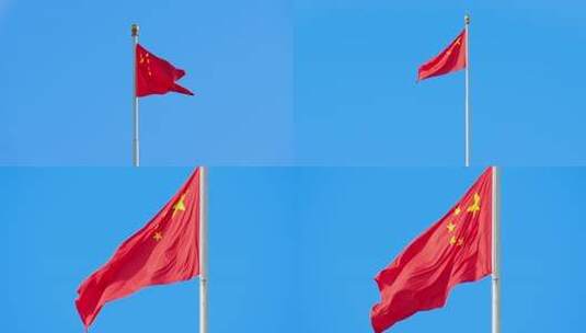 天安门广场上蓝天下飘扬的五星红旗国旗特写高清在线视频素材下载