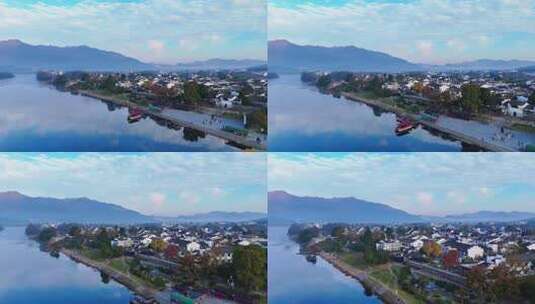 航拍安徽宣城泾县桃花潭两岸景区的唯美晨景高清在线视频素材下载