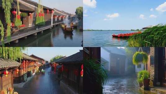 湖边停靠装饰红色绸带的船只高清在线视频素材下载