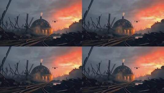 废墟场景日落时分画面高清在线视频素材下载