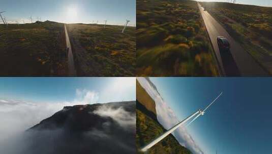 新能源汽车行驶 草原上的风力发电机俯拍高清在线视频素材下载