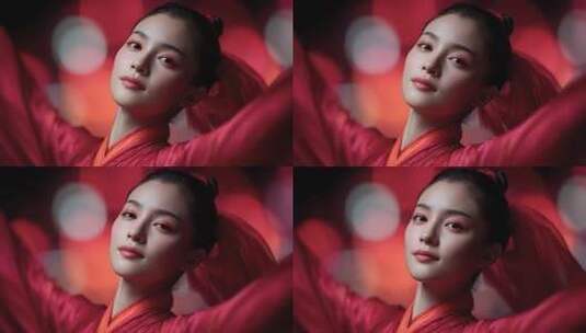 唐风美人身着红色霓裳轻盈舞动高清在线视频素材下载