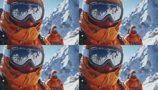 雪山前的登山者特写高清在线视频素材下载
