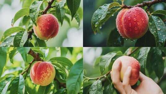 红润甜桃果实挂枝雨后珠光高清在线视频素材下载