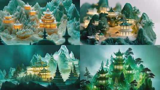 玉石仙山楼阁东方宫殿奇幻古韵东方云雾意境高清在线视频素材下载