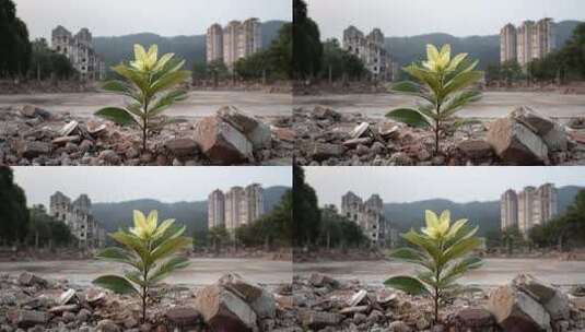 废墟中顽强生长的小树苗象征希望高清在线视频素材下载