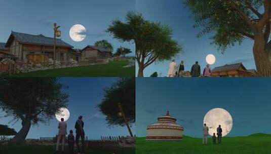 中秋八月十五一家人在庭院赏月高清在线视频素材下载