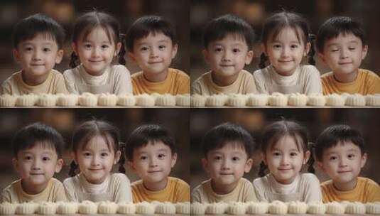 童趣融融：三个孩子与中式糕点的温馨时刻高清在线视频素材下载