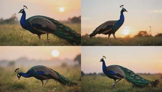 夕阳下草地的孔雀素材高清在线视频素材下载