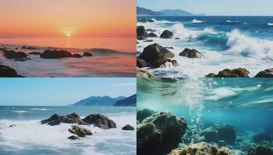 海岸线岩石海浪浪漫景色高清在线视频素材下载