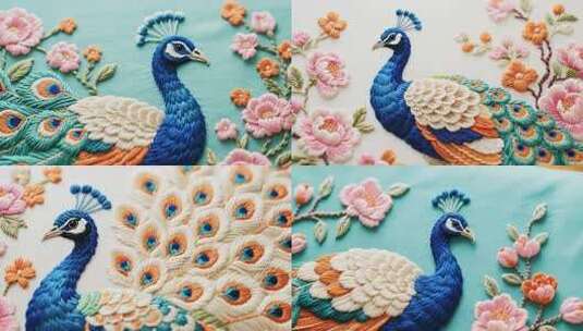 刺绣孔雀花卉图案高清在线视频素材下载