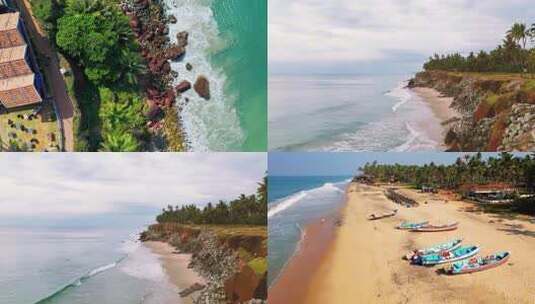 海岸边建筑与礁石俯拍景象高清在线视频素材下载