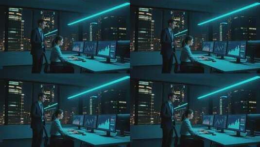 商务人士熬夜加班办公室金融科技视频高清在线视频素材下载