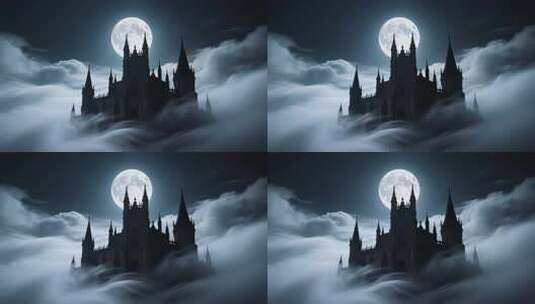 月夜云雾中的神秘城堡高清在线视频素材下载