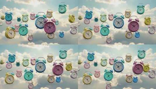 漂浮空中的多彩闹钟高清在线视频素材下载