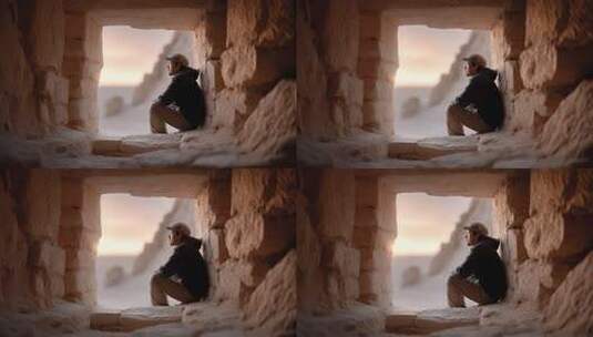 眺望远方沙漠的男子在遗迹中沉思高清在线视频素材下载