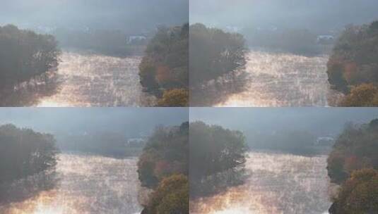 航拍安徽宣城泾县桃花潭两岸景区的唯美晨景高清在线视频素材下载