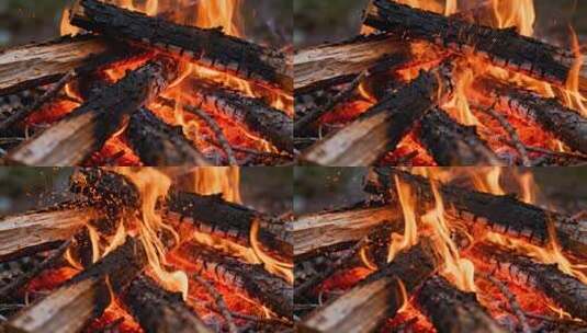 篝火燃烧木炭特写温暖治愈露营氛围高清在线视频素材下载