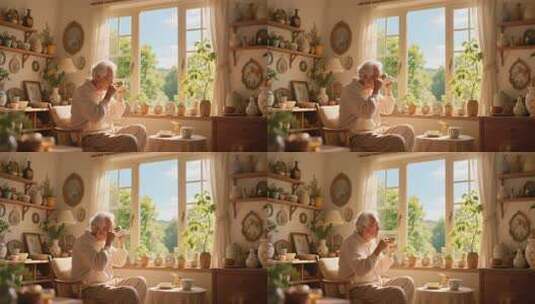 老人室内窗边悠闲喝茶场景高清在线视频素材下载