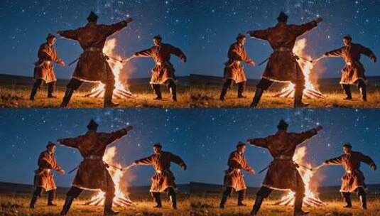 身着民族服饰者篝火旁起舞高清在线视频素材下载