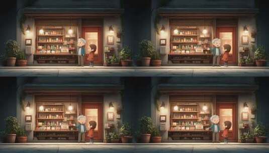 温馨街角小店与老人孩子的治愈相遇高清在线视频素材下载