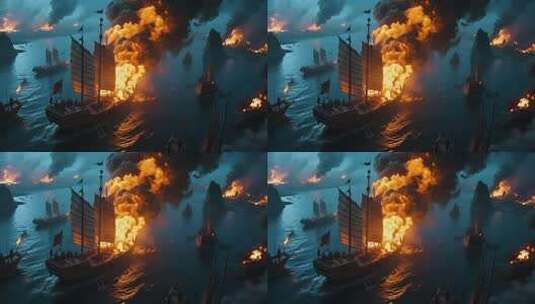 海上燃烧的帆船战斗场景高清在线视频素材下载